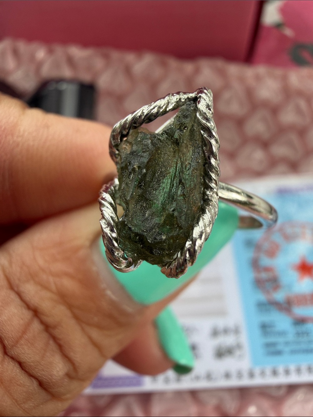 Sterling Silver  Raw Moldavite Gemstone Ring size 8 adjustable